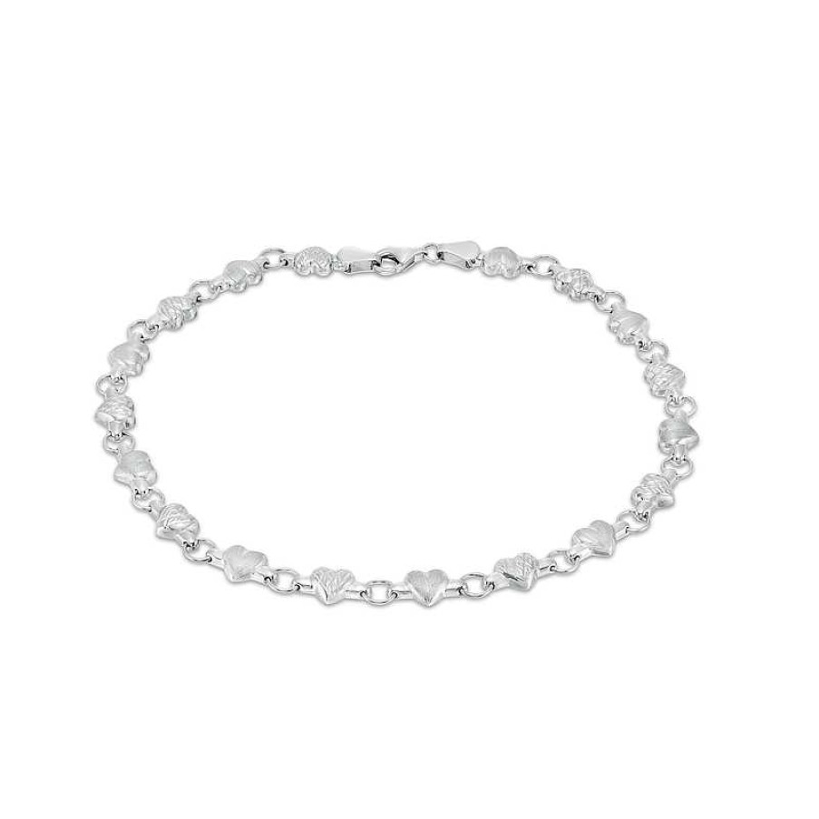 Bracelets Zales | Diamond-Cut Heart Stampato Anklet In 14K White Gold - 10"