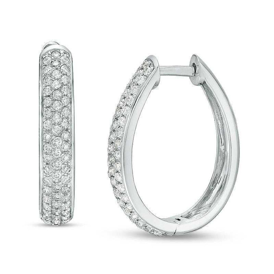 Earrings Zales | 1 Ct. T.W. Diamond Three Row Oval Hoop Earrings In 10K White Gold