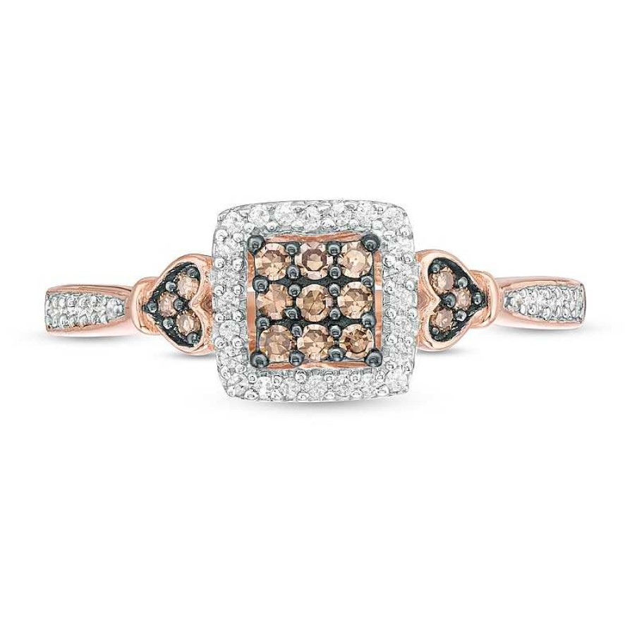 Rings Zales | 1/4 Ct. T.W. Champagne And White Composite Diamond Square Frame Heart-Sides Ring In 10K Rose Gold