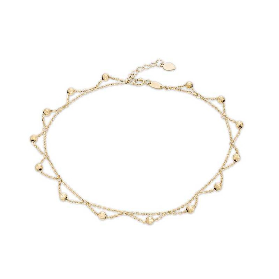 Bracelets Zales | Diamond-Cut Brilliance Bead Accent Scallop Dangle Anklet In 10K Gold - 10"