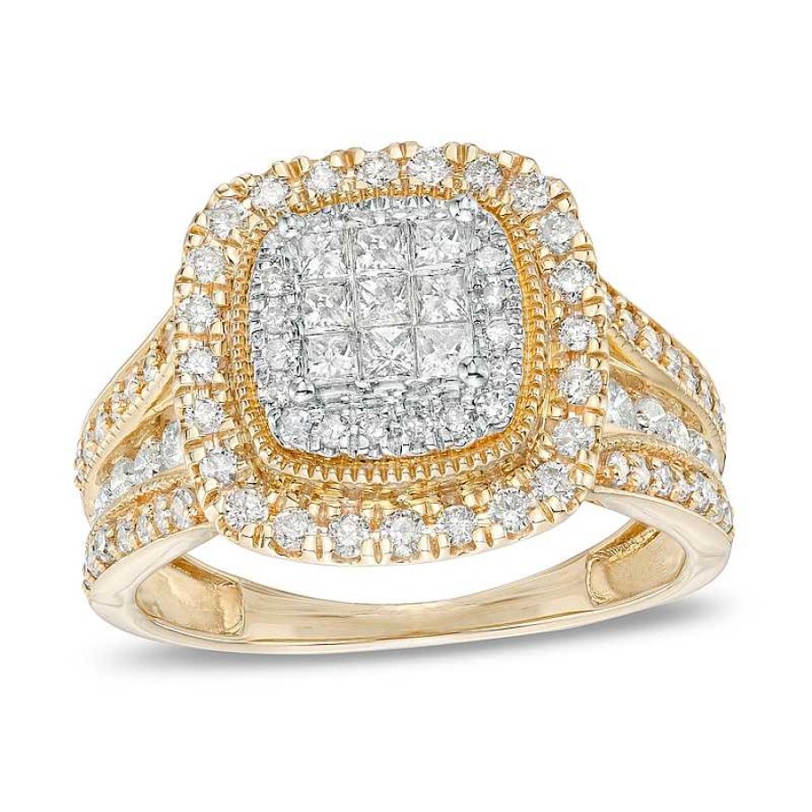 Rings Zales | 1 Ct. T.W. Princess-Cut Multi-Diamond Cushion-Shaped Frame Triple Row Engagement Ring In 10K Gold