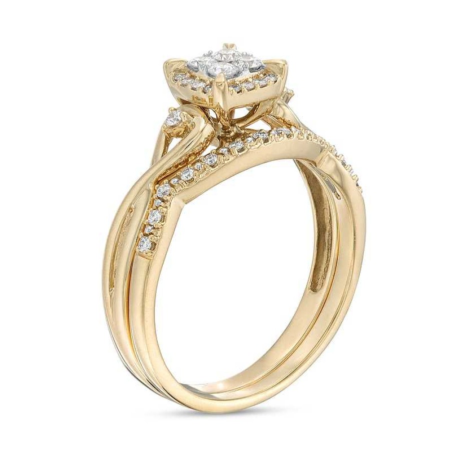 Rings Zales | 1/3 Ct. T.W. Quad Diamond Cushion-Shaped Frame Twist Shank Bridal Set In 10K Gold