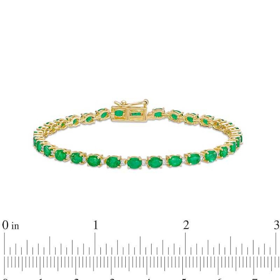 Bracelets Zales | Oval Emerald And 1/6 Ct. T.W. Diamond Alternating Line Bracelet In 10K Gold