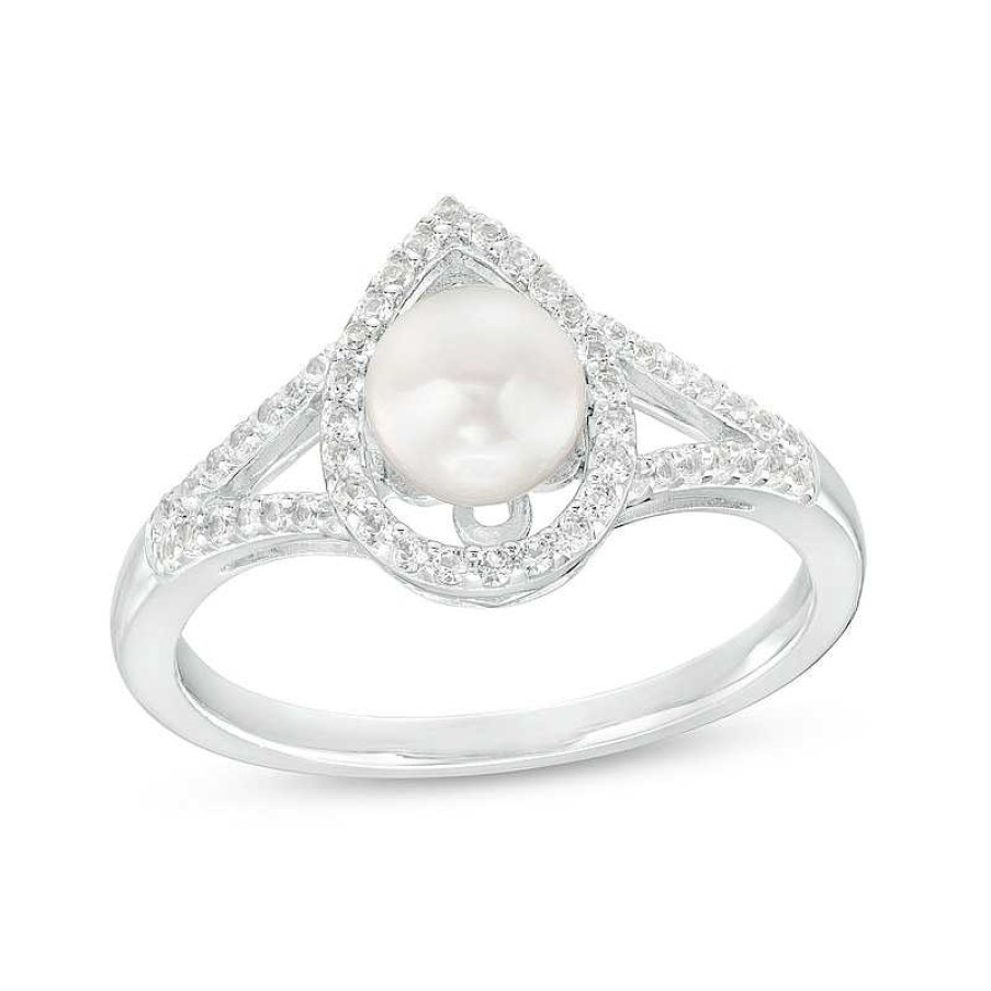 Rings Zales | 6.0Mm Cultured Freshwater Pearl And White Lab-Created Sapphire Pear-Shaped Frame Split Shank Ring In Sterling Silver