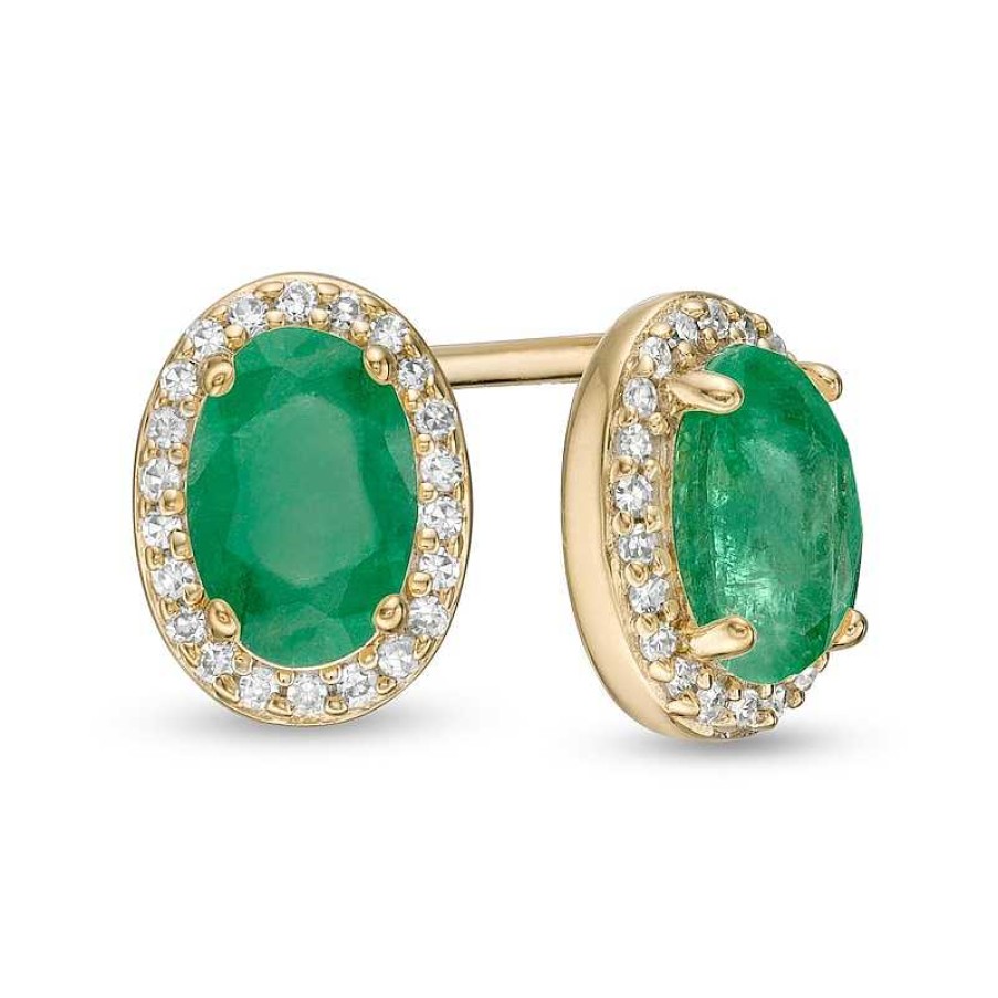 Earrings Zales | Oval Emerald And 1/10 Ct. T.W. Diamond Frame Stud Earrings In 10K Gold