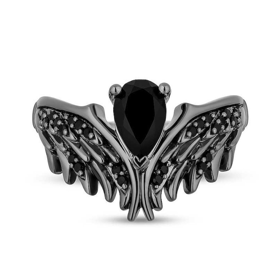 Rings Zales | Enchanted Disney Villains Maleficent Pear-Shaped Onyx And 1/5 Ct. T.W. Black Diamond Wings Ring In Sterling Silver