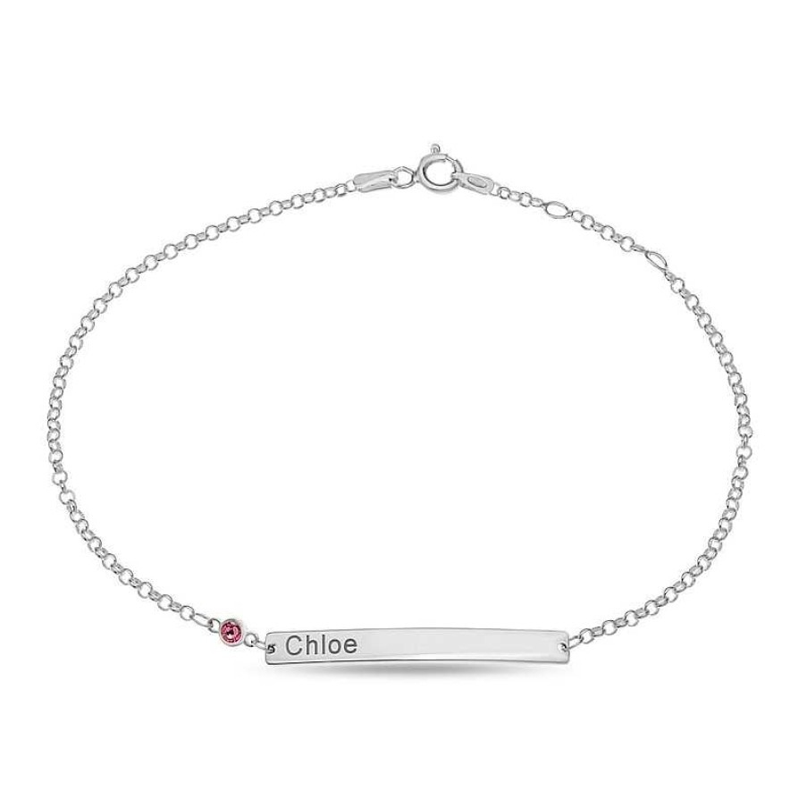 Bracelets Zales | Simulated Birthstone Engravable Name Bar Bracelet In Sterling Silver (1 Stone And Line) - 6.5"