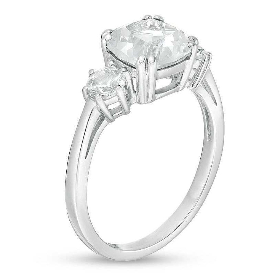 Rings Zales | 8.0Mm Cushion-Cut And Round Lab-Created White Sapphire Three Stone Ring In Sterling Silver