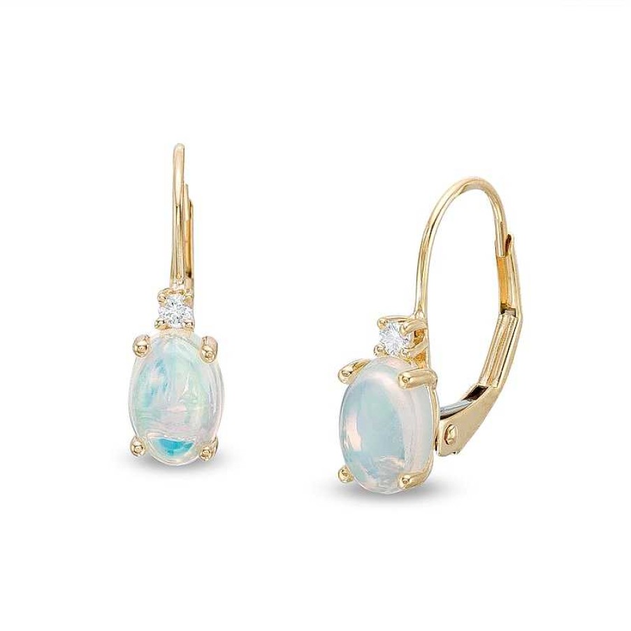 Earrings Zales | Oval Opal And 1/20 Ct. T.W. Diamond Drop Earrings In 10K Gold