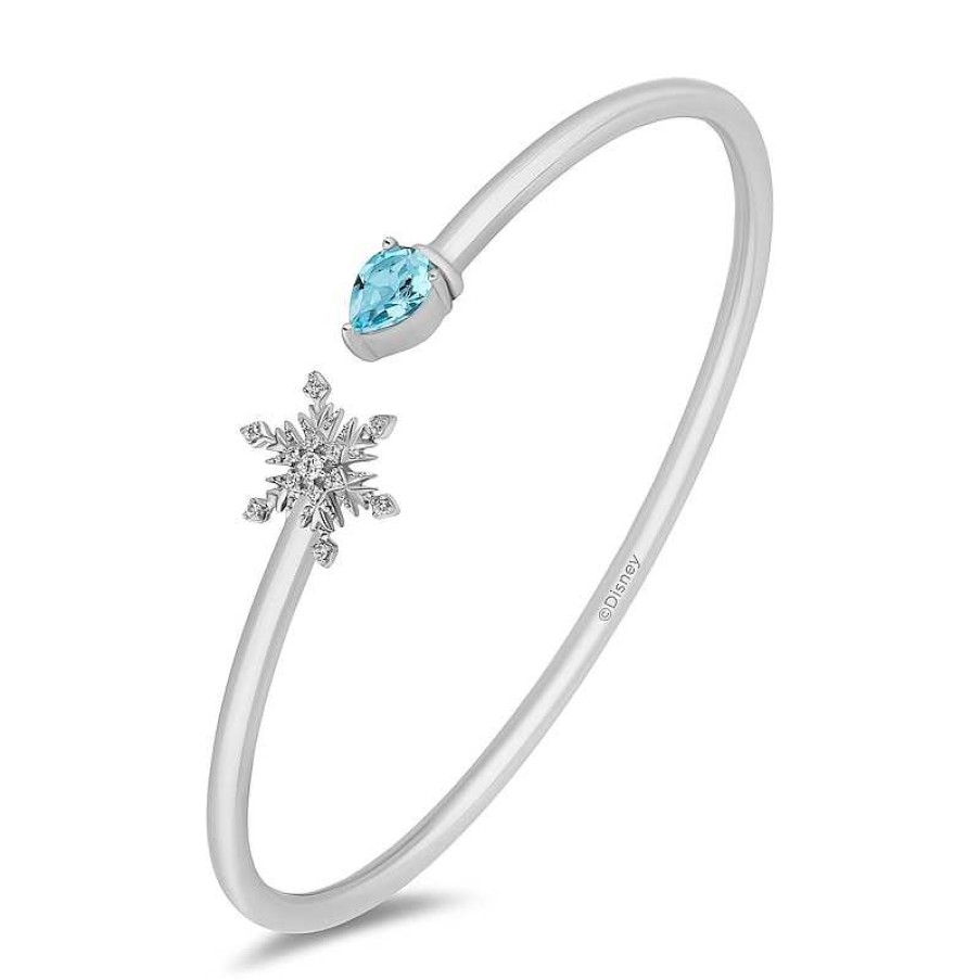 Bracelets Zales | Enchanted Disney Elsa Pear-Shaped Aquamarine And 1/15 Ct. T.W. Diamond Snowflake Open Bangle In Sterling Silver