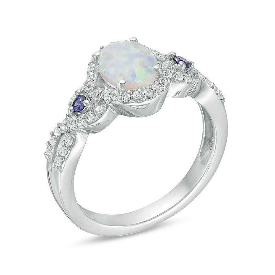 Rings Zales | Oval Lab-Created Opal, Blue Sapphire And White Sapphire Open Frame Twist Shank Ring In Sterling Silver