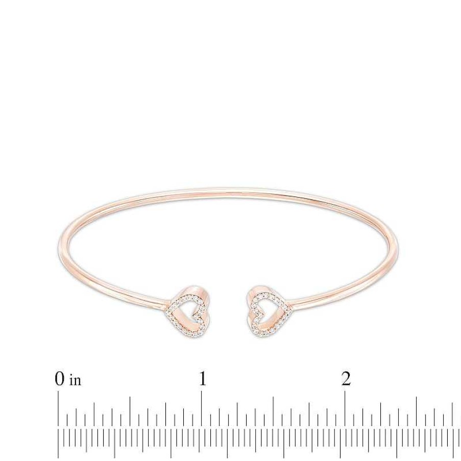 Bracelets Zales | 1/5 Ct. T.W. Diamond Double Heart Open Flex Bangle In 10K Rose Gold - 6.81"