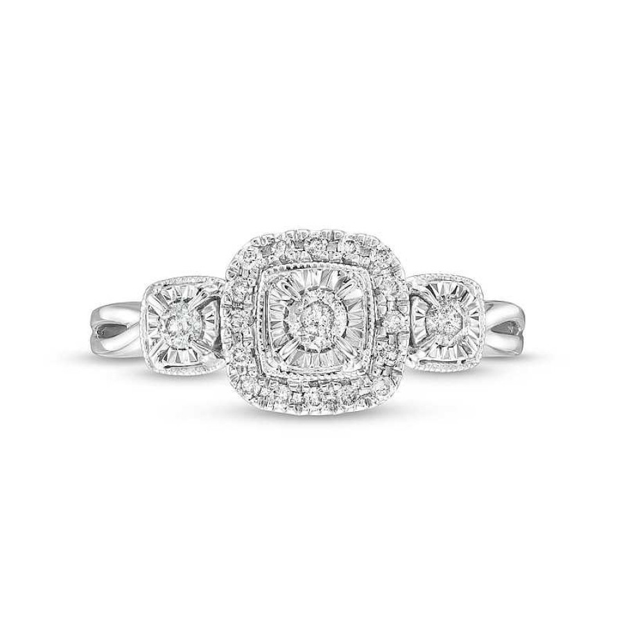 Rings Zales | 1/4 Ct. T.W. Diamond Cushion Frame Past Present Future® Engagement Ring In 10K White Gold