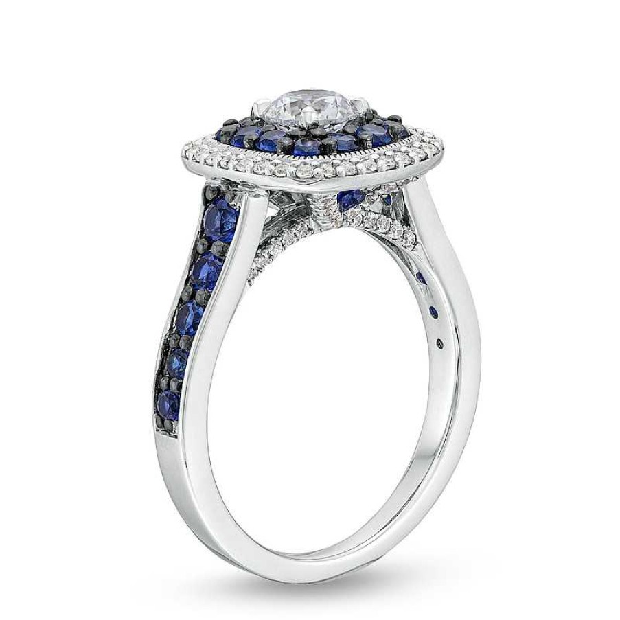 Rings Zales | Vera Wang Love Collection 3/4 Ct. T.W. Diamond And Blue Sapphire Cushion Frame Engagement Ring In 14K White Gold