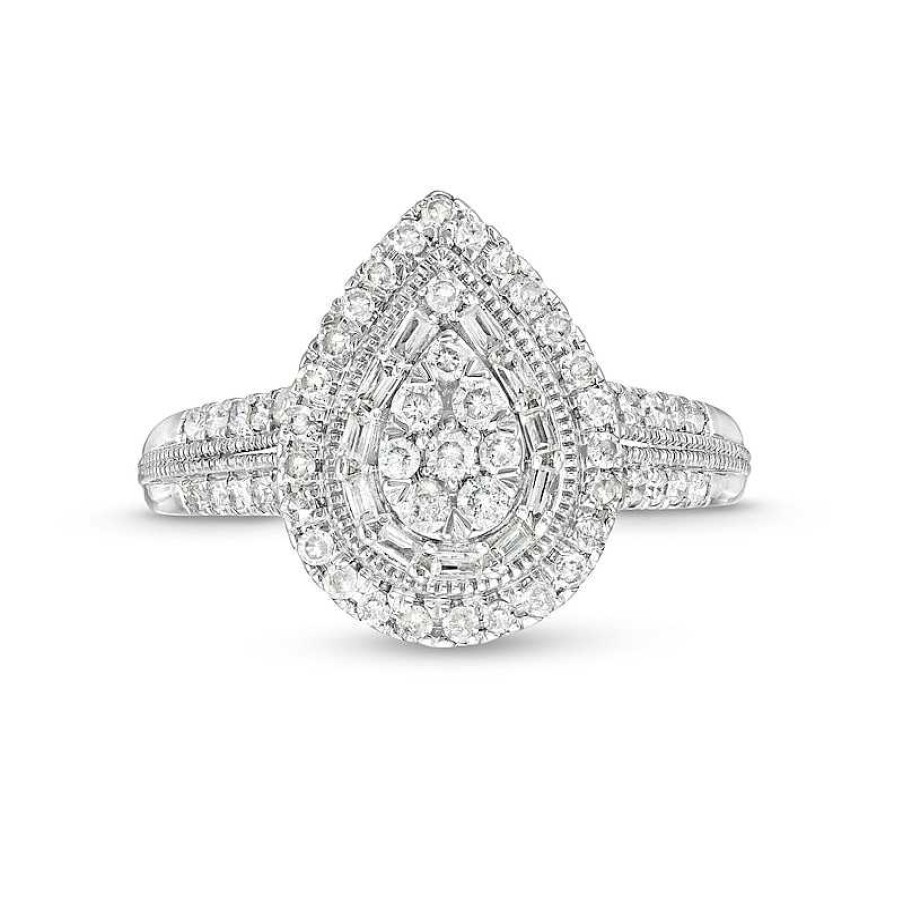 Rings Zales | 1/2 Ct. T.W. Pear Multi-Diamond Teardrop Frame Vintage-Style Engagement Ring In 10K White Gold