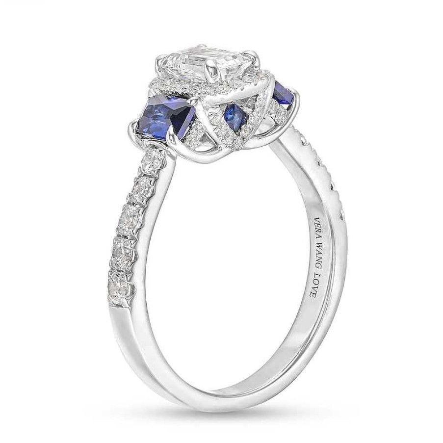 Rings Zales | Vera Wang Love Collection 1-1/4 Ct. T.W. Emerald-Cut Diamond And Sapphire Three Stone Engagement Ring In 14K White Gold