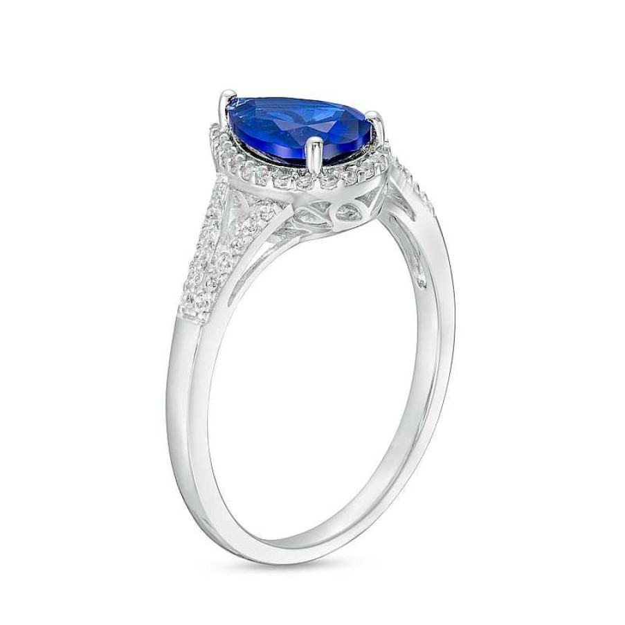 Rings Zales | Pear-Shaped Blue And White Lab-Created Sapphire Frame Split Shank Ring In Sterling Silver