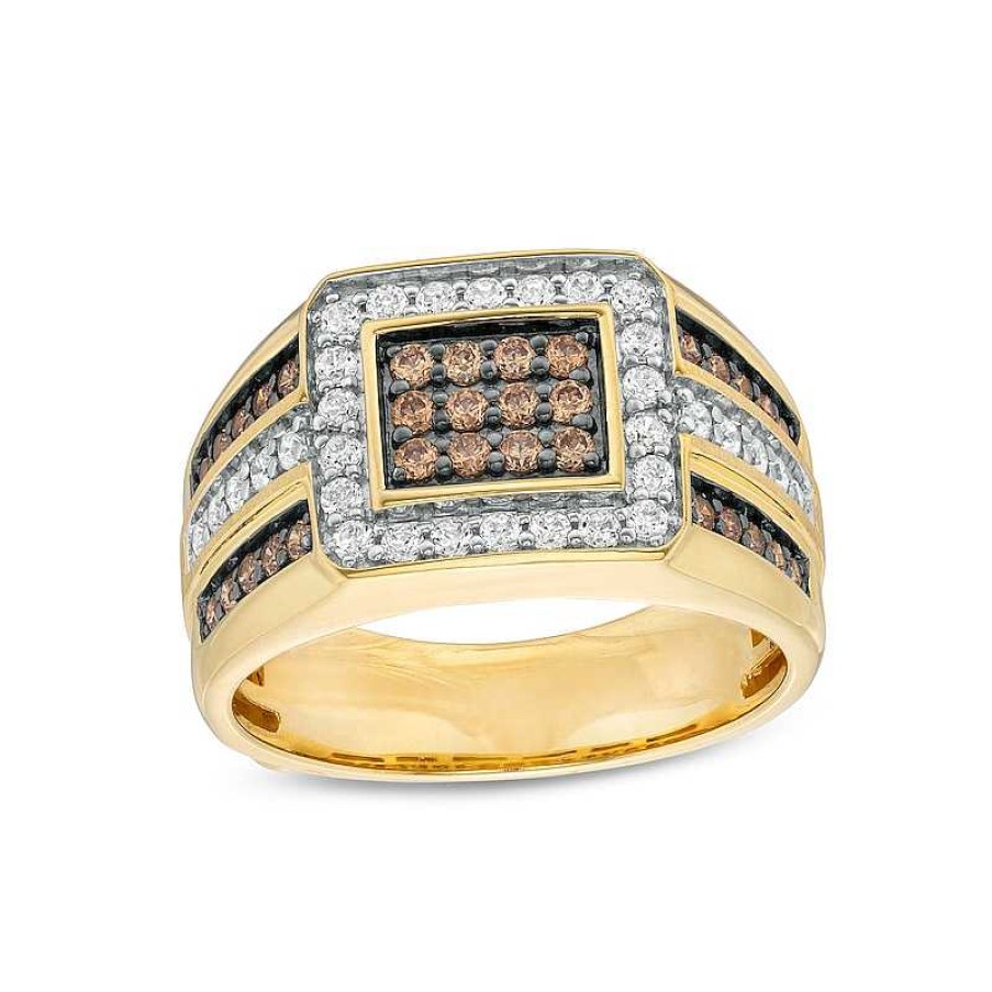 Rings Zales | Men'S 1 Ct. T.W. Champagne And White Rectangular Composite Diamond Frame Triple Row Ring In 10K Gold