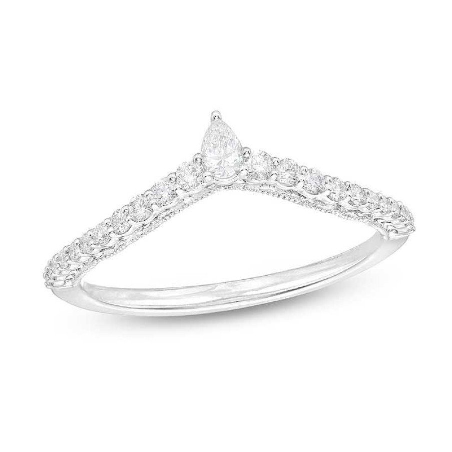 Rings Zales | 1/4 Ct. T.W. Pear-Shaped And Round Diamond Vintage-Style Chevron Anniversary Band In 14K White Gold