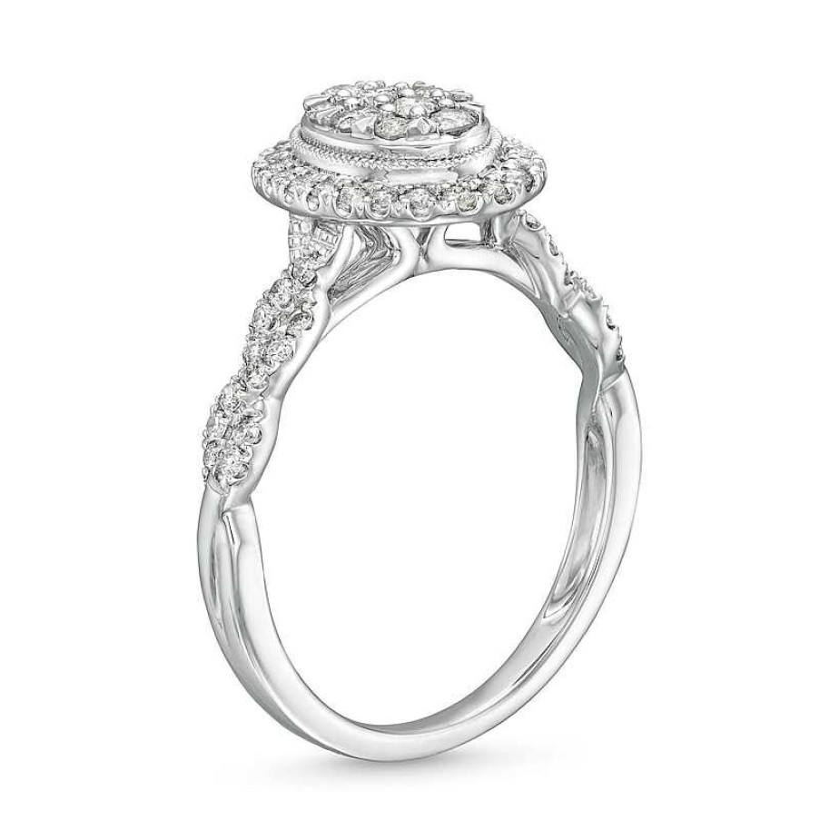 Rings Zales | 1/2 Ct. T.W. Oval Multi-Diamond Frame Twist Shank Engagement Ring In 10K White Gold