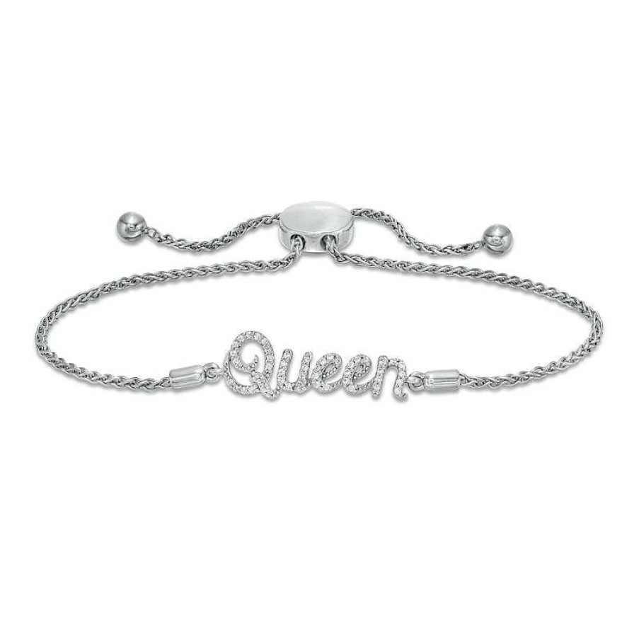 Bracelets Zales | 1/6 Ct. T.W. Diamond Cursive "Queen" Bolo Bracelet In Sterling Silver - 10"