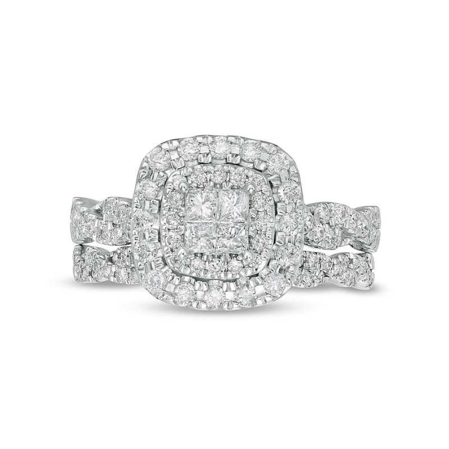 Rings Zales | 1 Ct. T.W. Quad Princess-Cut Diamond Double Cushion-Shaped Frame Twist Shank Bridal Set In 14K White Gold