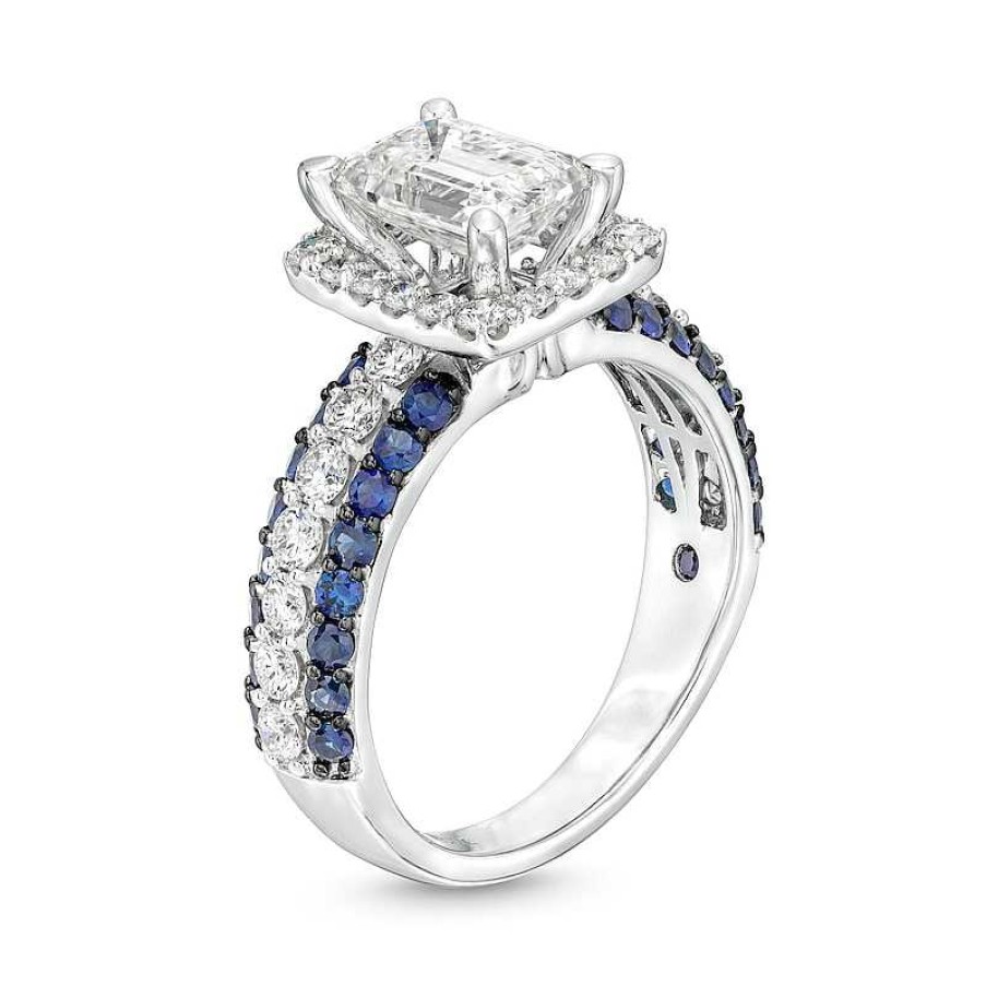 Rings Zales | True Lab-Created Diamonds By Vera Wang Love 2-1/4 Ct. T.W. Engagement Ring With Blue Sapphire Borders In 14K White Gold