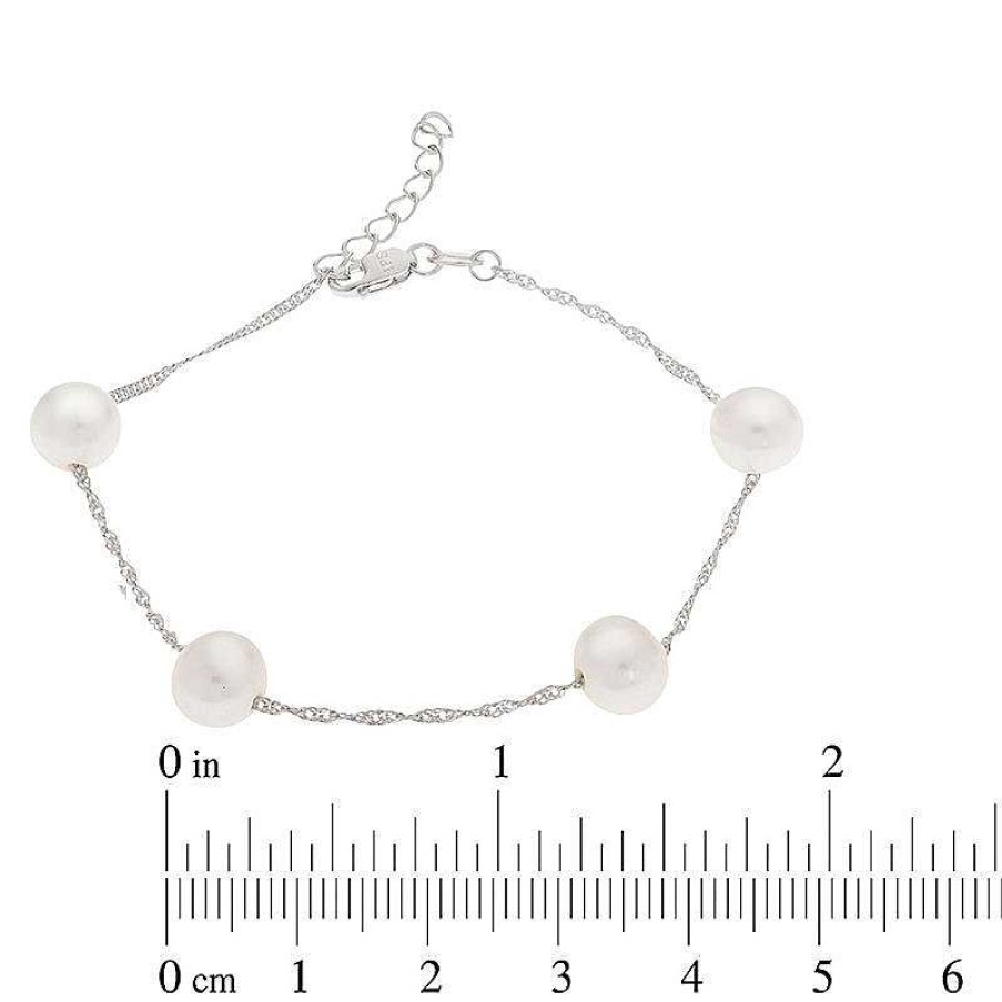 Bracelets Zales | 7.0-8.0Mm Oval Cultured Freshwater Pearl Station Bracelet In Sterling Silver - 8.5"