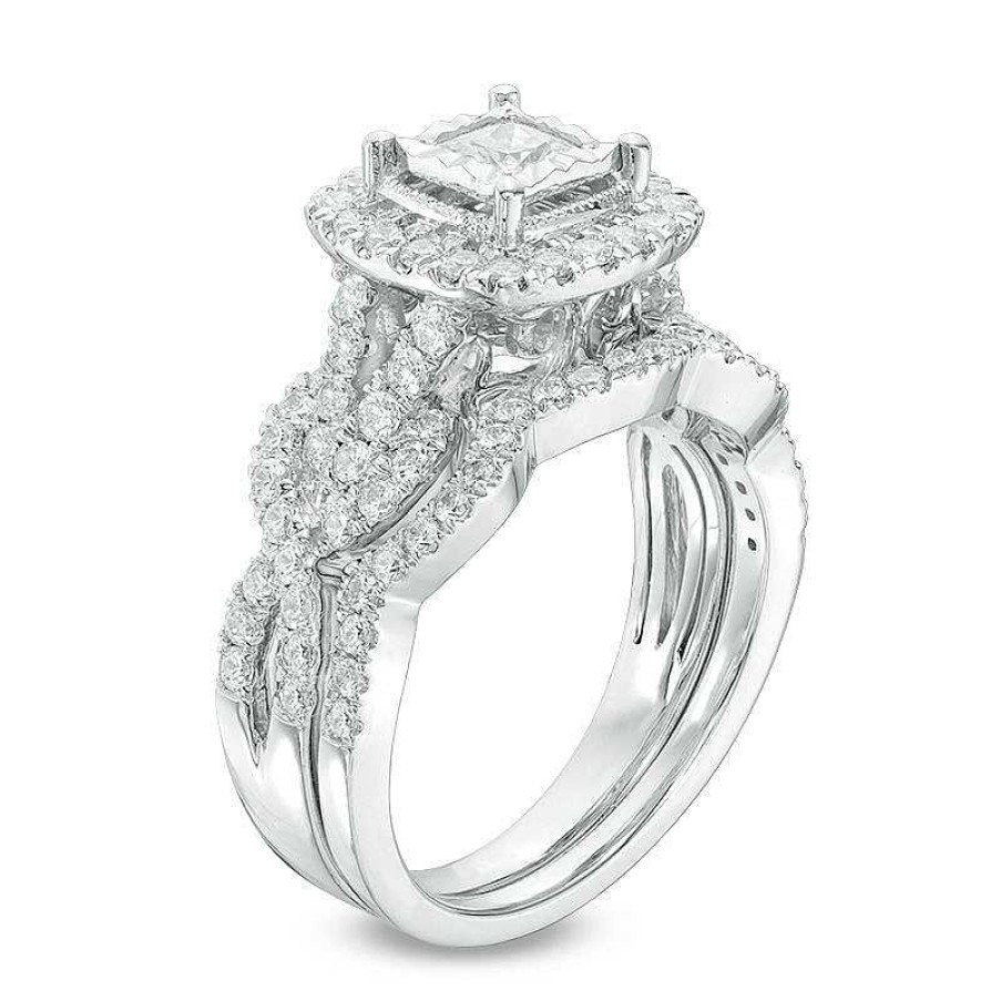 Rings Zales | 1-1/2 Ct. T.W. Princess-Cut Diamond Frame Vintage-Style Twist Bridal Set In 14K White Gold