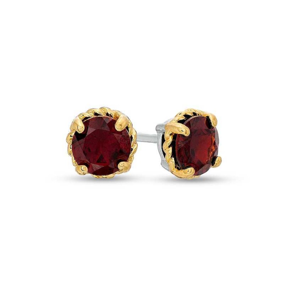 Earrings Zales | 6.0Mm Garnet Solitaire Rope-Textured Frame Stud Earrings In Sterling Silver And 10K Gold