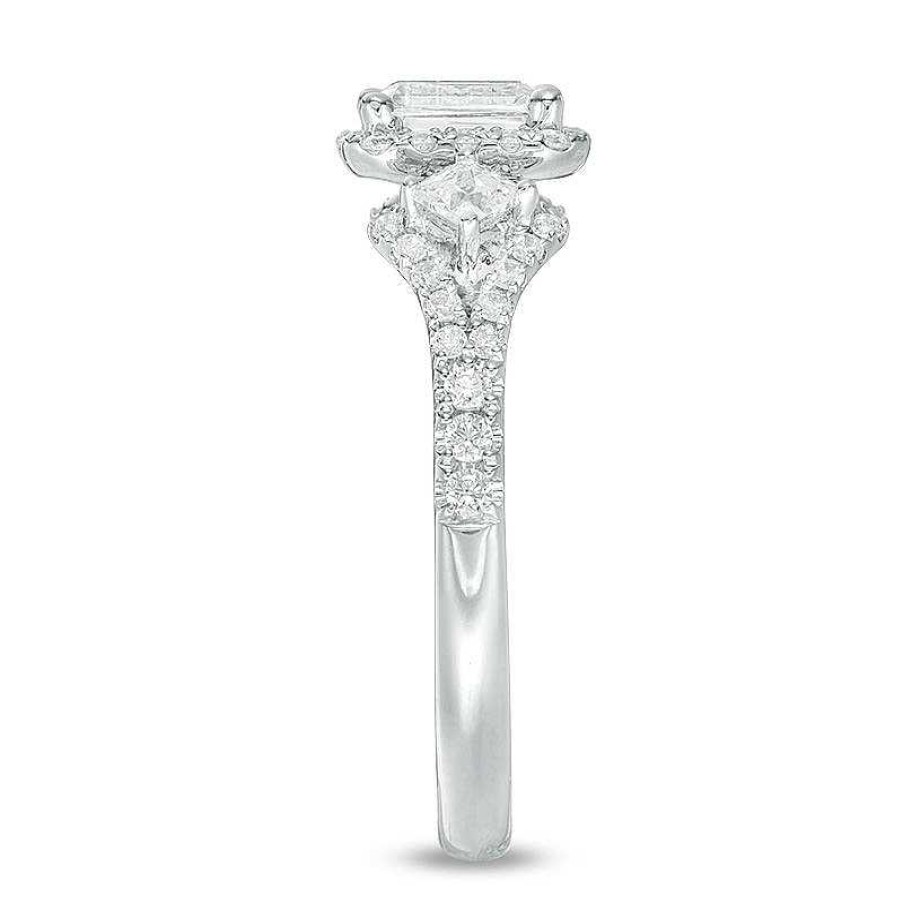 Rings Zales | 1 Ct. T.W. Certified Emerald-Cut Diamond Frame Past Present Future® Ornate Engagement Ring In 14K White Gold (I/I1)