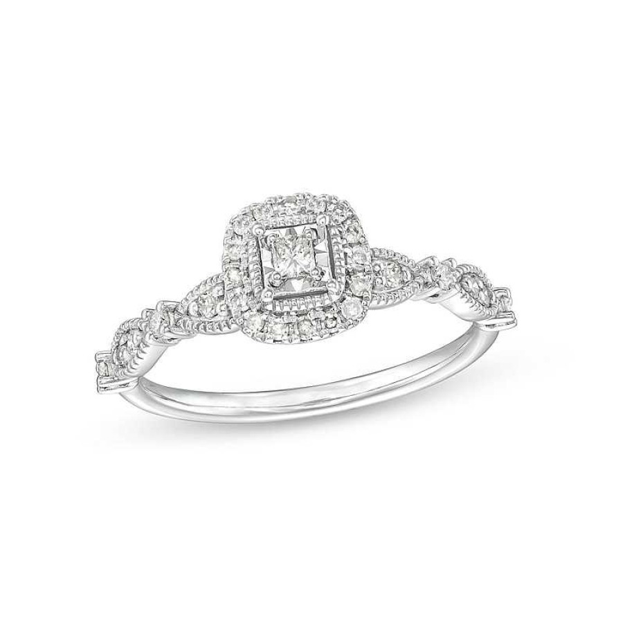 Rings Zales | 1/4 Ct. T.W. Princess-Cut Diamond Cushion Frame Vintage-Style Promise Ring In 10K White Gold