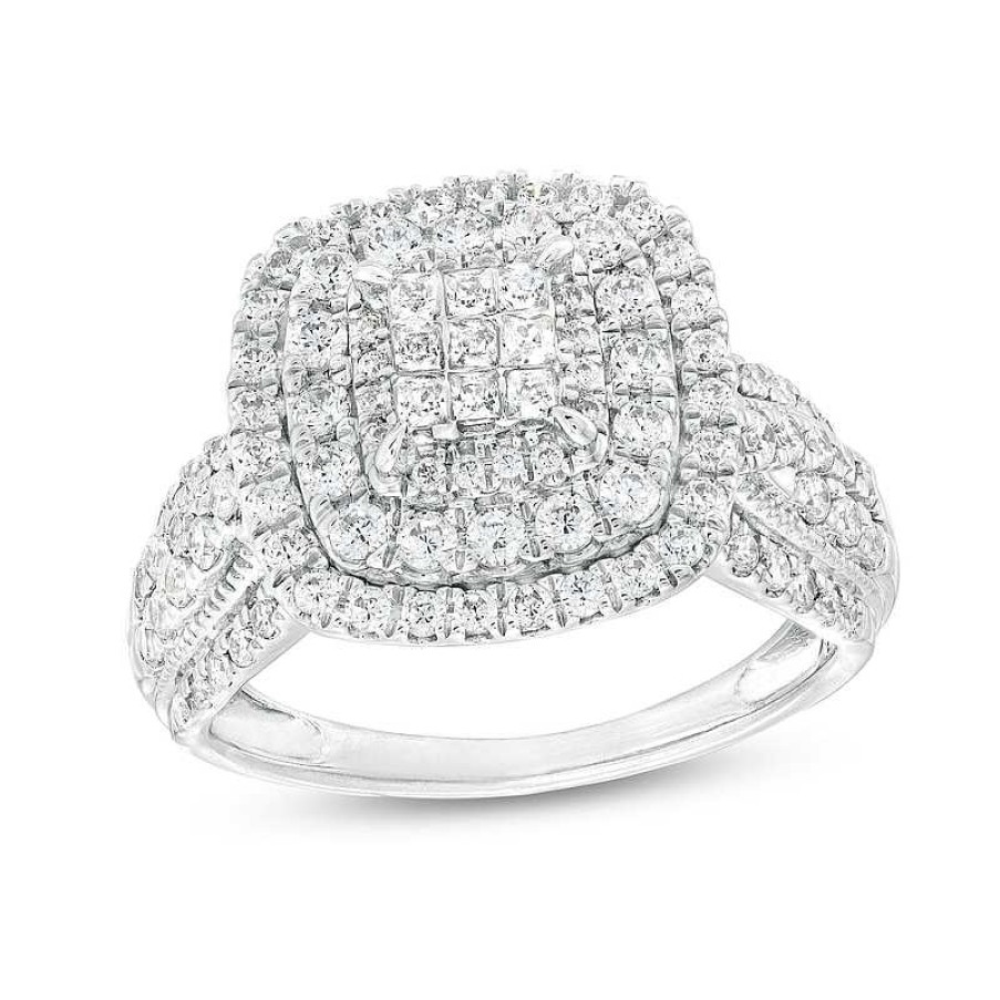 Rings Zales | 1 Ct. T.W. Princess-Cut Multi-Diamond Double Cushion Frame Vintage-Style Engagement Ring In 10K White Gold (J/I3)