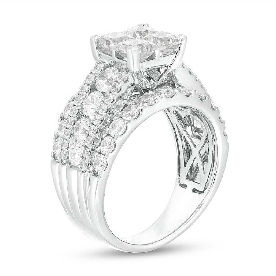 Rings Zales | 4 Ct. T.W. Quad Certified Princess-Cut Lab-Created Diamond Multi-Row Engagement Ring In 14K White Gold (F/Vs2)