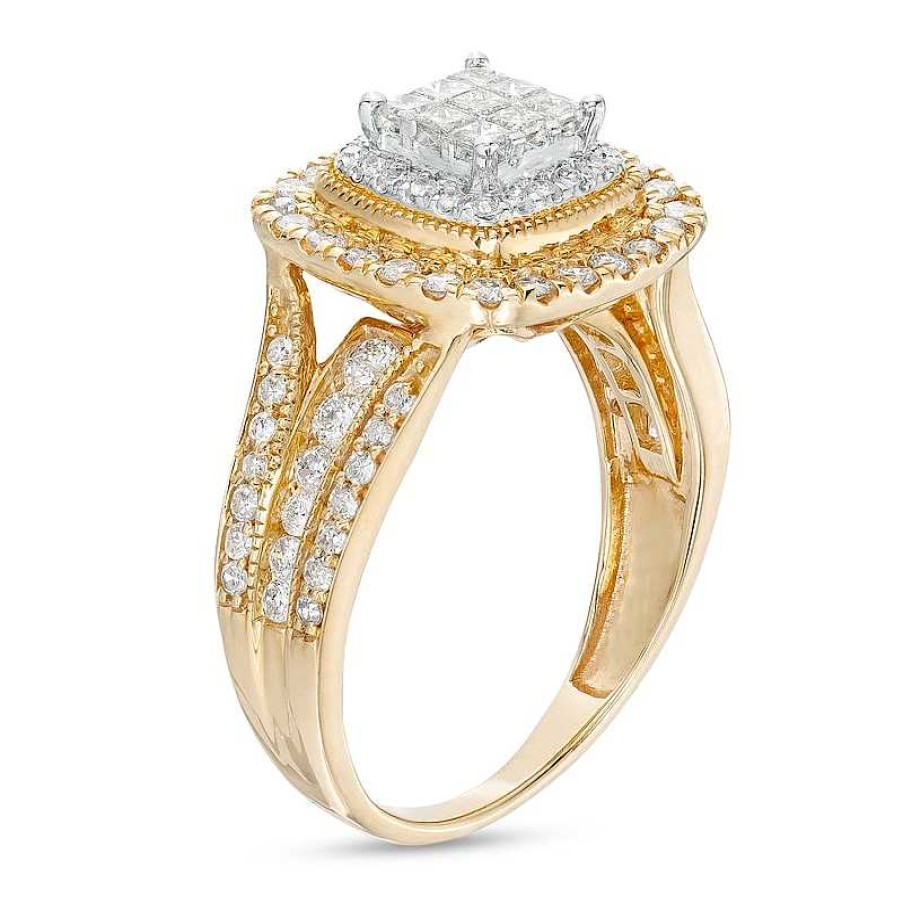 Rings Zales | 1 Ct. T.W. Princess-Cut Multi-Diamond Cushion-Shaped Frame Triple Row Engagement Ring In 10K Gold