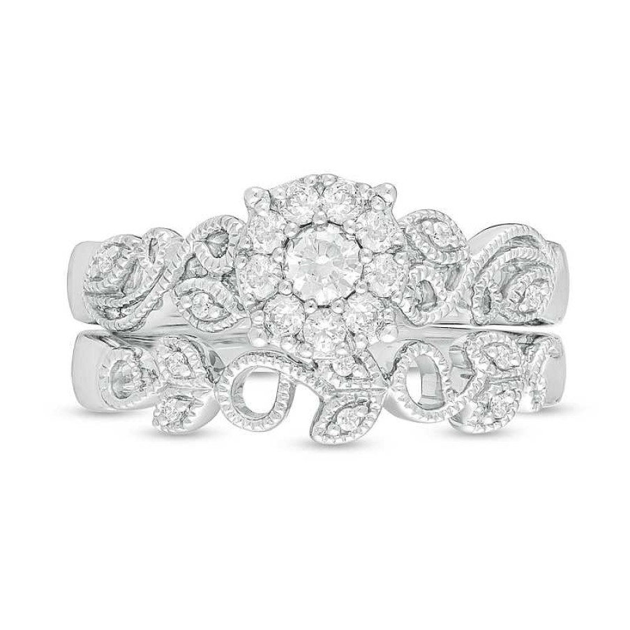 Rings Zales | 1/3 Ct. T.W. Diamond Frame Vine-Shank Vintage-Style Interlocking Bridal Set In 10K White Gold