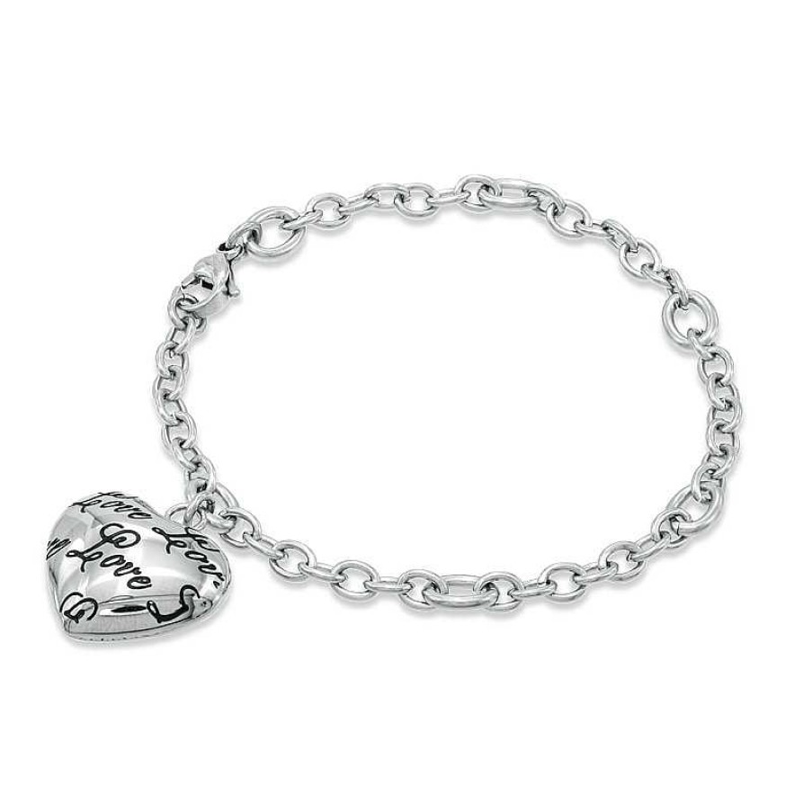 Bracelets Zales | Love Puffed Heart Charm Bracelet In Stainless Steel - 7.5"