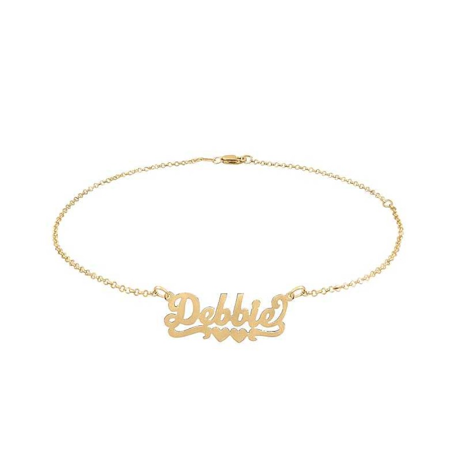 Bracelets Zales | Script Name With Double Heart Ribbon Accent Anklet In Sterling Silver With 14K Yellow Or Rose Gold Plate (1 Line) - 10"