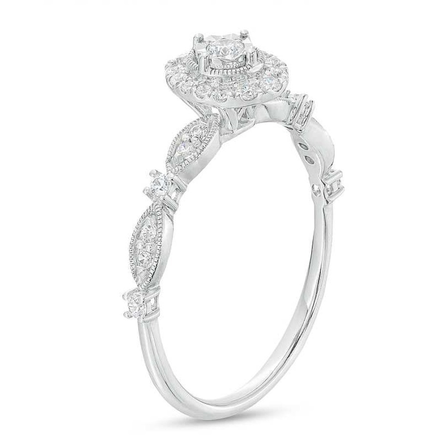 Rings Zales | 1/4 Ct. T.W. Diamond Oval Frame Alternating Shank Vintage-Style Engagement Ring In 10K White Gold (J/I3)