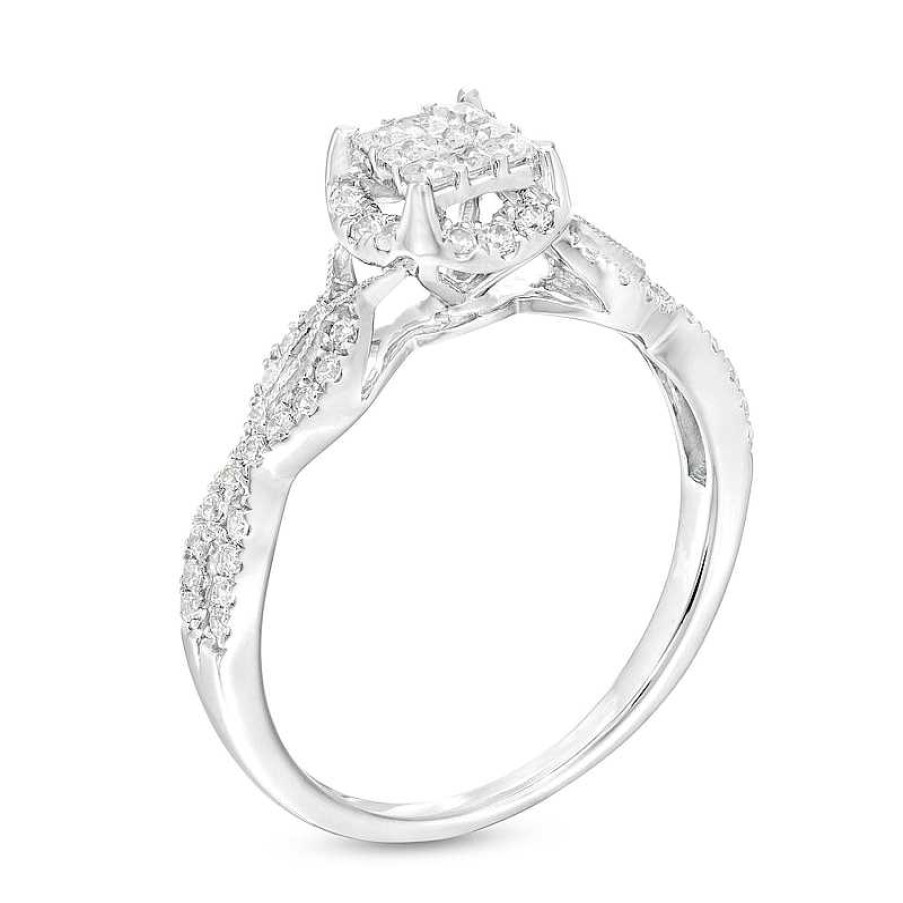 Rings Zales | 3/8 Ct. T.W. Princess-Cut Multi-Diamond Frame Vintage-Style Engagement Ring In 10K White Gold