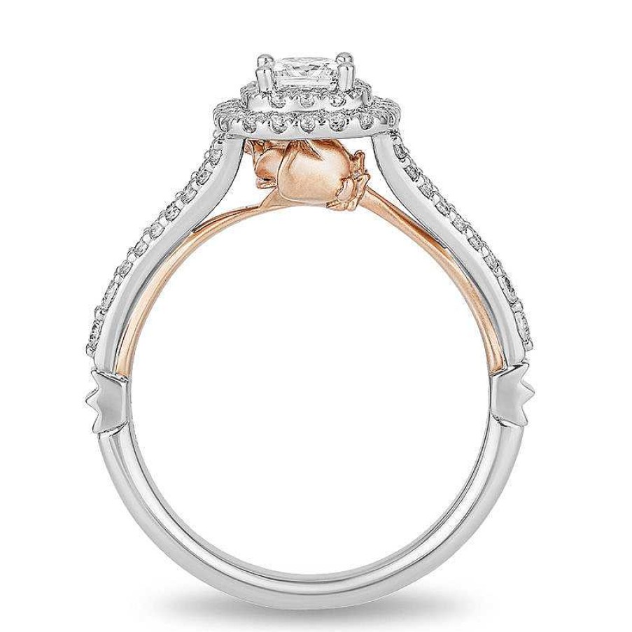 Rings Zales | Enchanted Disney Belle 3/4 Ct. T.W. Princess-Cut Diamond Double Frame Rose Engagement Ring In 14K Two-Tone Gold