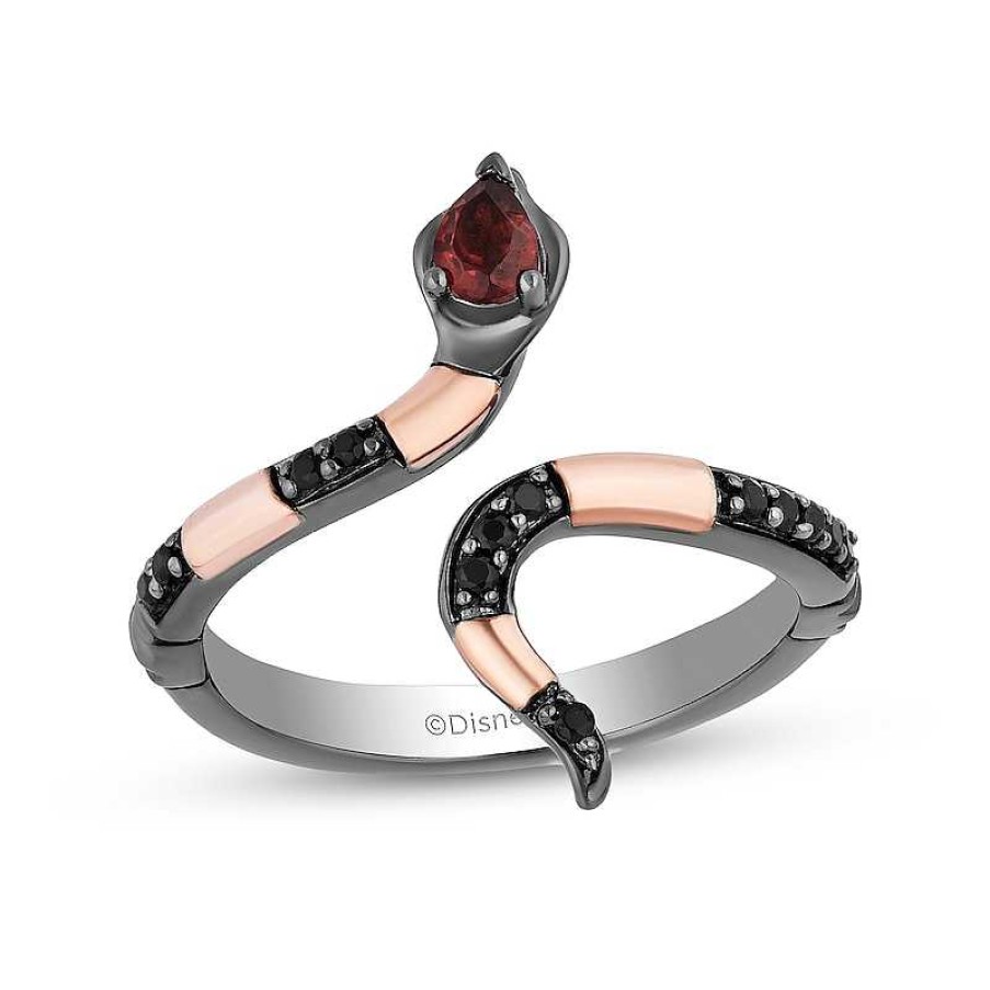 Rings Zales | Enchanted Disney Villains Jafar Garnet And 1/8 Ct. T.W. Black Diamond Snake Ring In Sterling Silver And 10K Rose Gold