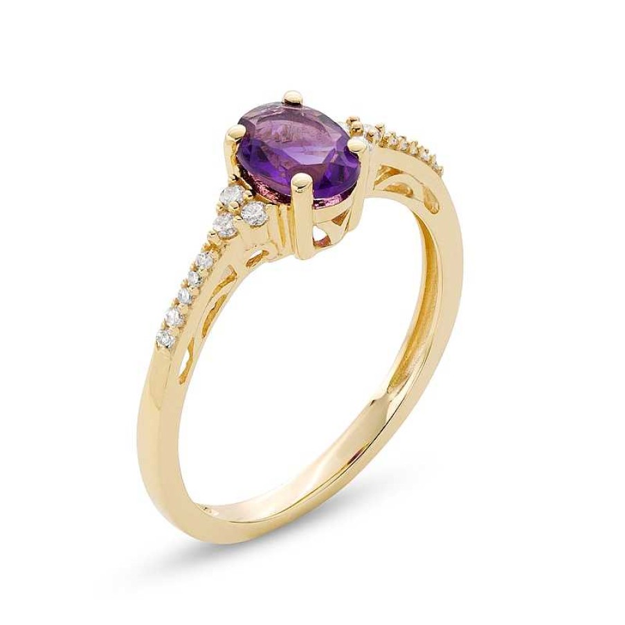 Rings Zales | Oval Amethyst And 1/10 Ct. T.W. Diamond Ring In 10K Gold