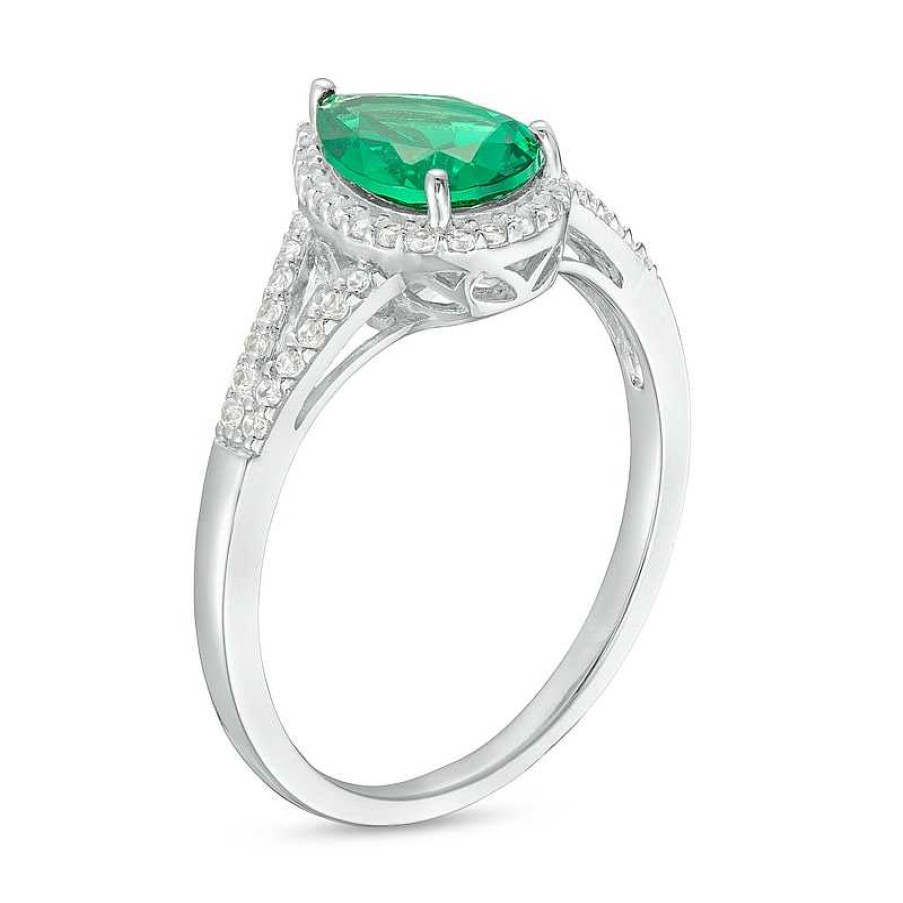 Rings Zales | Pear-Shaped Green Quartz Doublet And White Lab-Created Sapphire Frame Split Shank Ring In Sterling Silver