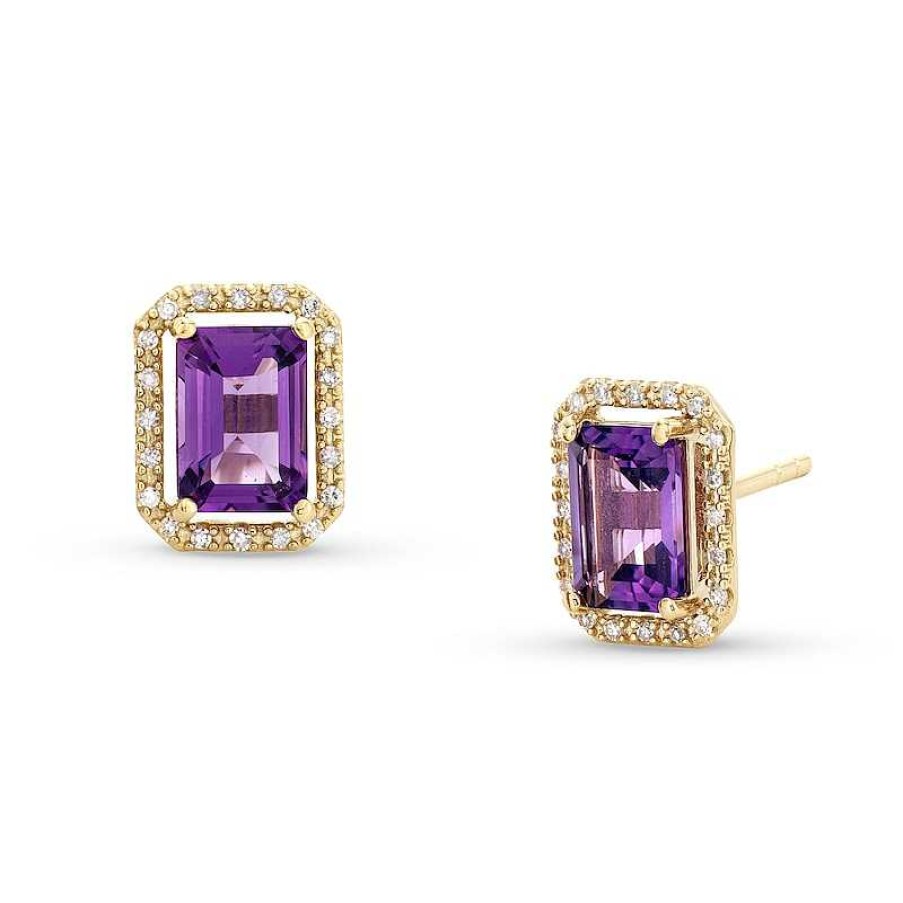 Earrings Zales | Princess-Cut Amethyst And 1/10 Ct. T.W. Diamond Open Halo Stud Earrings In 10K Gold