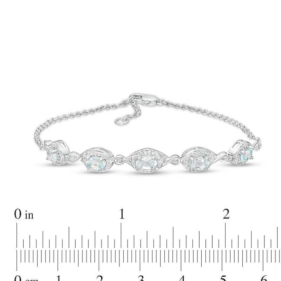 Bracelets Zales | Oval Aquamarine And Diamond Accent Twist Five Stone Bracelet In 10K White Gold – 8.0"