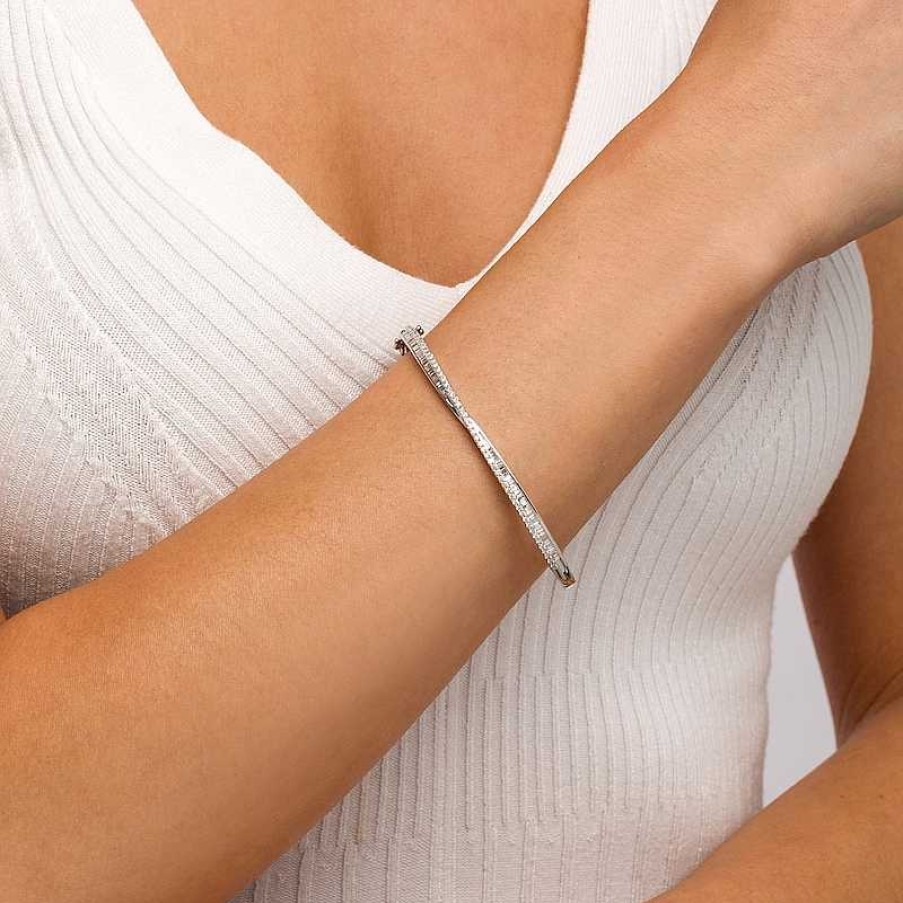 Bracelets Zales | 1 Ct. T.W. Baguette And Round Diamond Criss-Cross Bangle In 10K White Gold