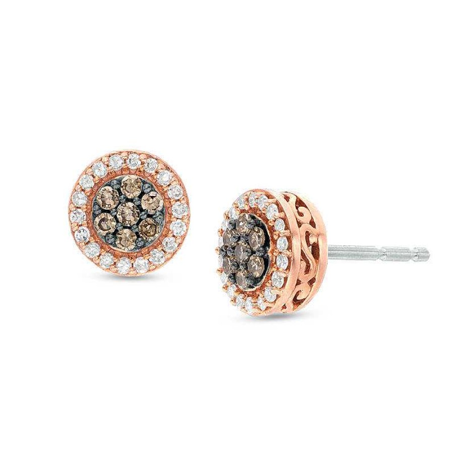 Earrings Zales | 1/4 Ct. T.W. Champagne And White Multi-Diamond Frame Stud Earrings In 10K Rose Gold