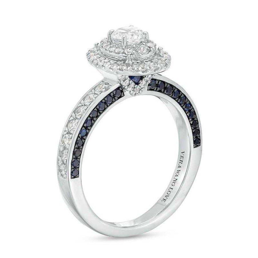 Rings Zales | Vera Wang Love Collection 1 Ct. T.W. Oval Multi-Diamond And Blue Sapphire Engagement Ring In 14K White Gold