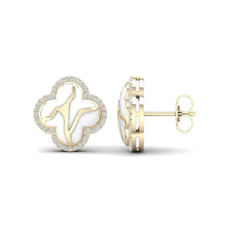 Earrings Zales | 1/4 Ct. T.W. Diamond Edge White Kintsugi-Style Clover Stud Earrings In 10K Gold With Ceramic